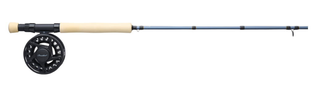 A blue fly fishing rod with a cork handle and attached black reel, displayed horizontally on a white background.